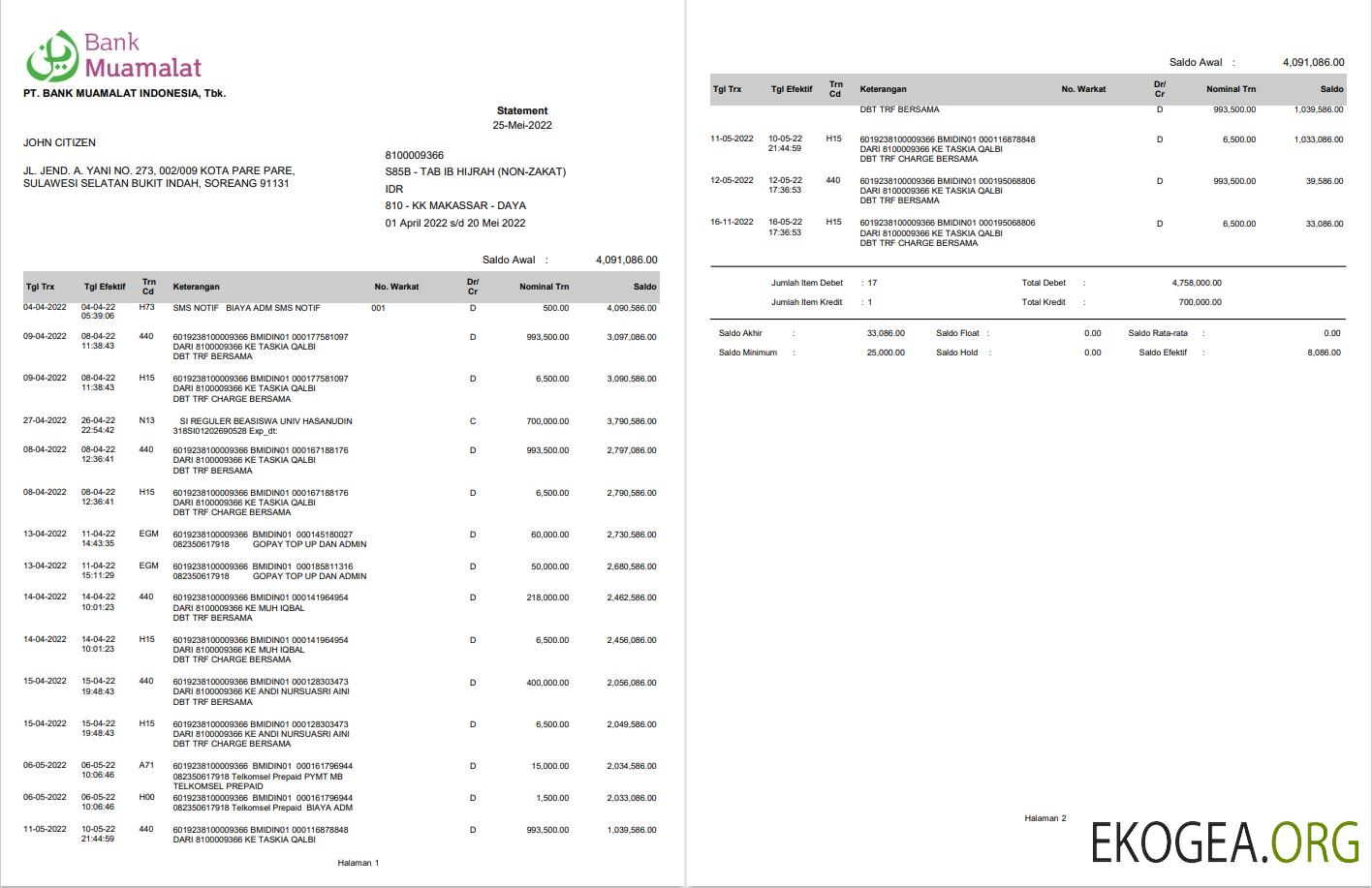 Relevé bancaire indonésien Muamalat 2 pages